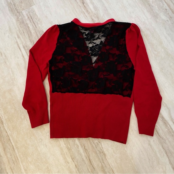 Take Out Dark Red Lace Back Cardigan Button Sweater for Valentine's Day Date - Picture 5 of 5